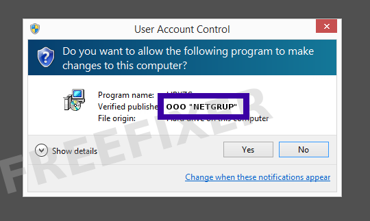 Screenshot where OOO "NETGRUP" appears as the verified publisher in the UAC dialog